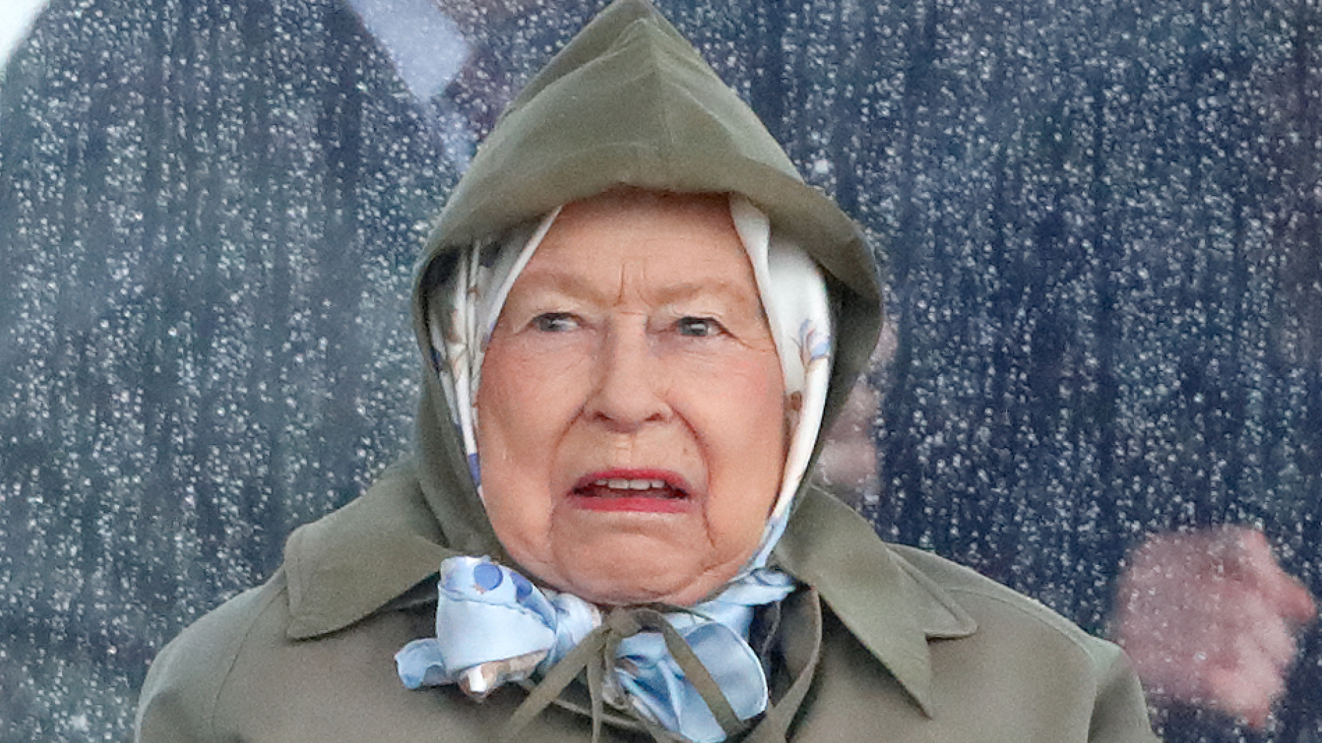 Queen Elizabeth wearing a raincoat with the hood up looking horrified as she watches her horses race