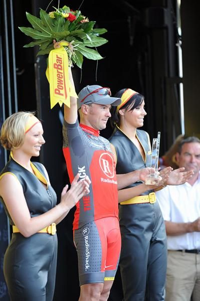 Sergio Paulinho (RadioShack) on the podium following his stage victory.