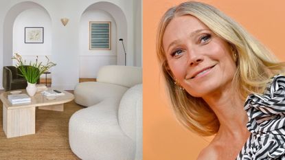 goop villa living room with white rounded sofa and picture of Gwyneth Paltrow