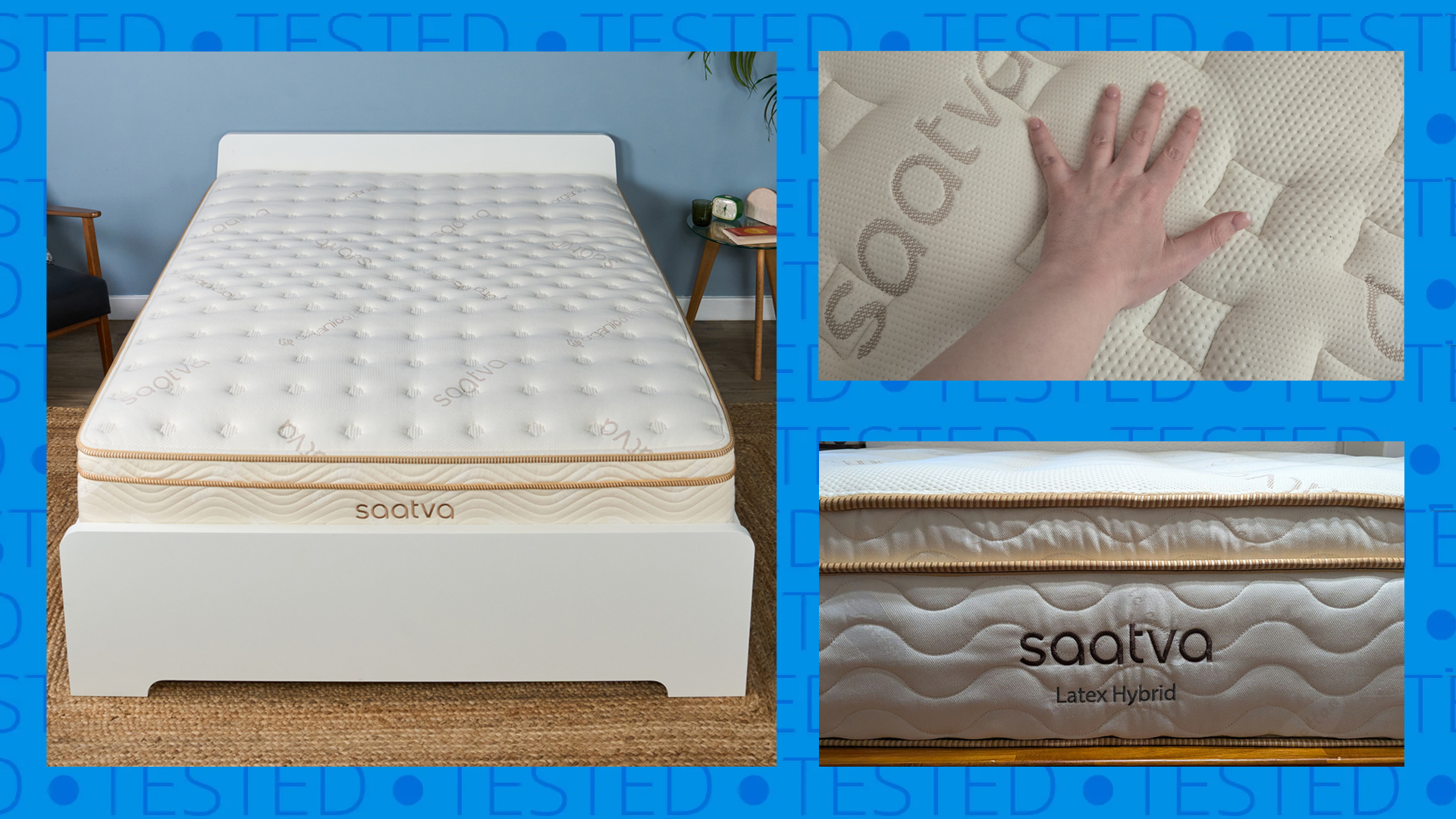 A collage of images against a blue background saying 'tested'. On the left, a Saatva Classic mattress in the Tom's Guide Sleep Lab. Top right, a hand pressing into the surface of the Saatva Memory Foam Hybrid. Bottom right, a close up of the foot of the Saatva Latex Hybrid mattress.