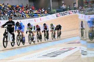 the pace bike leading the pack in the men's Keirin finals event during the Track Cycling Nations Cup in Hong Kong