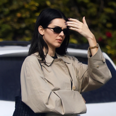 Kendall Jenner carrying The Row Lilou Woven Tote