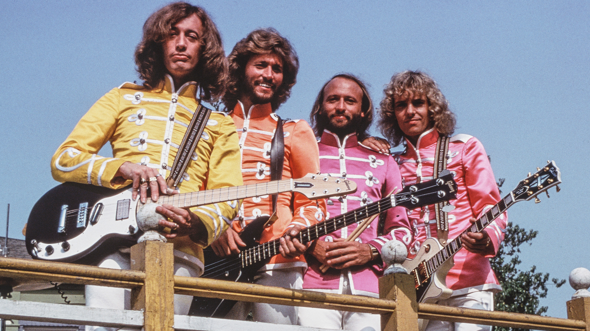 On the set of the film 'Sgt. Pepper's Lonely Hearts Club Band', Los Angeles, October 1977. Left to right: Robin Gibb, Barry Gibb, Maurice Gibb (1949 - 2003) and Peter Frampton.