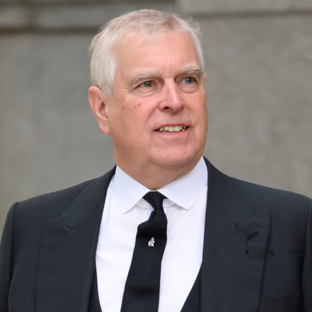 Ex-Prince Andrew wears a black suit with a white shirt and has gray hair