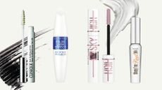 A collage featuring some of the best lash primers from Clinique, Max Factor, Maybelline and Benefit, arranged in a line with two mascara swatches and on a cream background