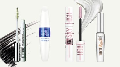 A collage featuring some of the best lash primers from Clinique, Max Factor, Maybelline and Benefit, arranged in a line with two mascara swatches and on a cream background