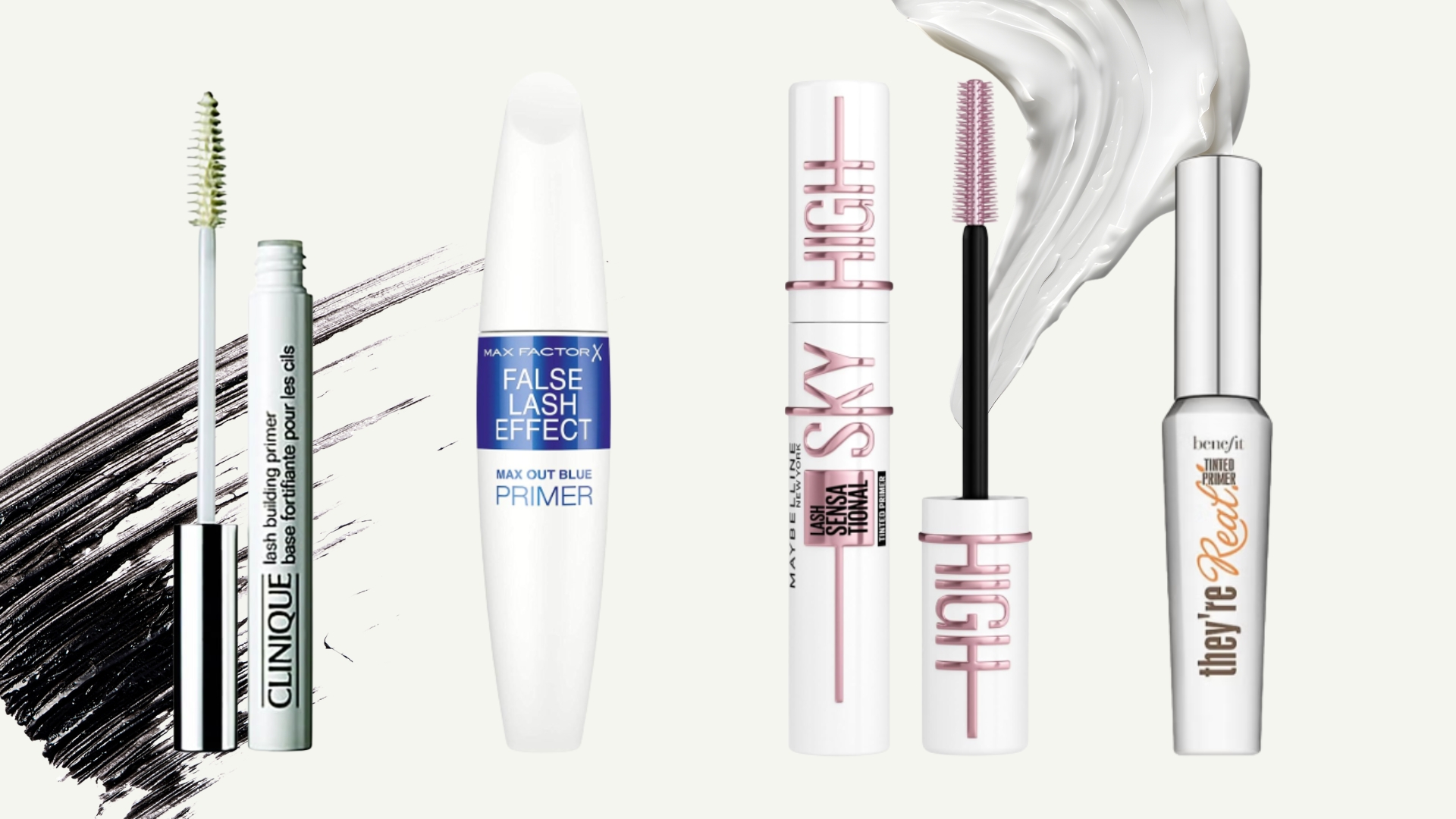A collage featuring some of the best lash primers from Clinique, Max Factor, Maybelline and Benefit, arranged in a line with two mascara swatches and on a cream background