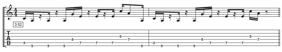 Lick 3: This riff is technically more difficult, so it might be wise to focus on one part to make sure your picking is correct (aim for alternate picking). Again notice how Paul visualises the riff being played as a drum solo, which inspires and helps him remember ideas.