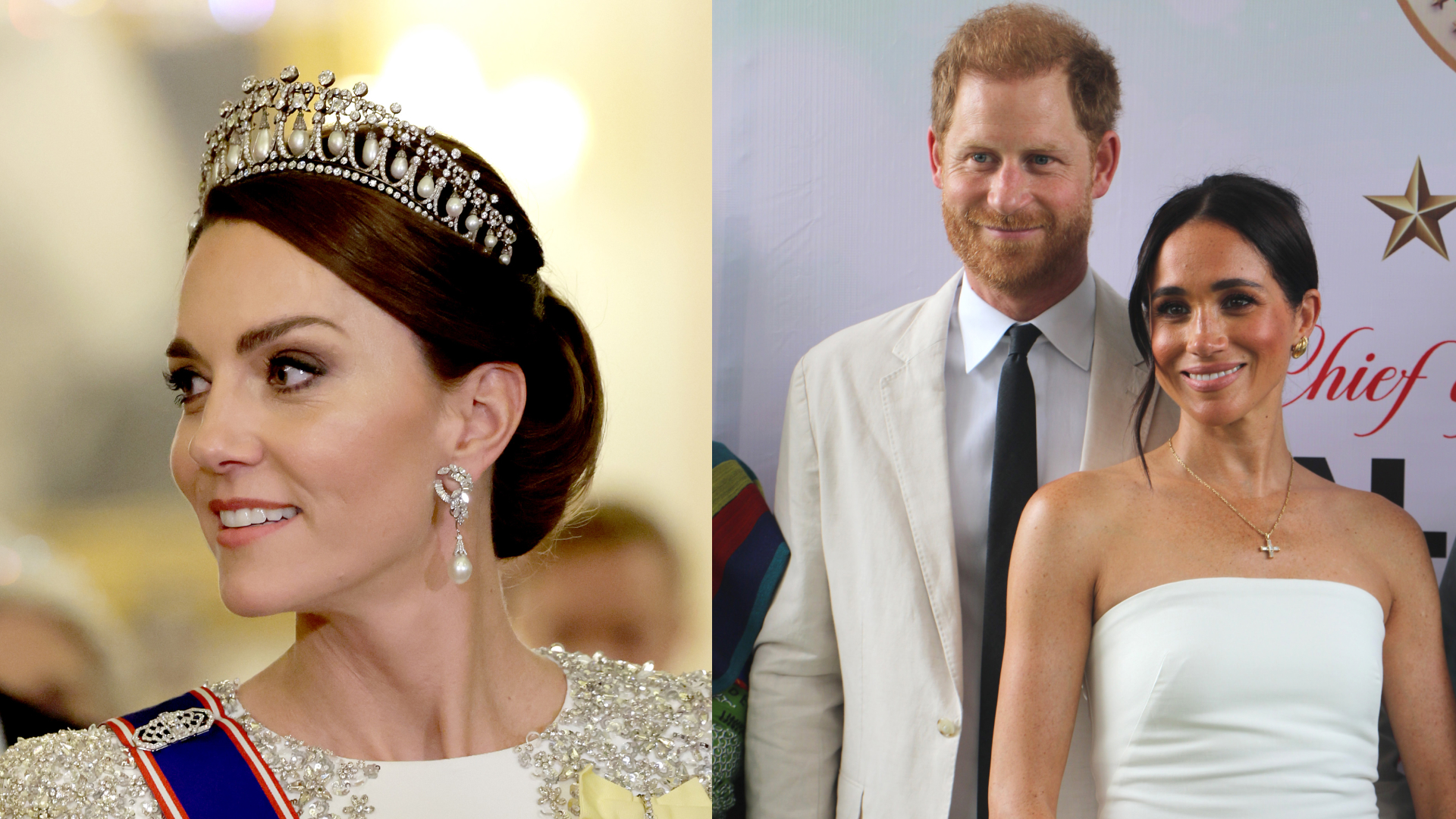 Kate Middleton wearing a white gown and tiara; Prince Harry and Meghan Markle posing in a linen suit and white dress