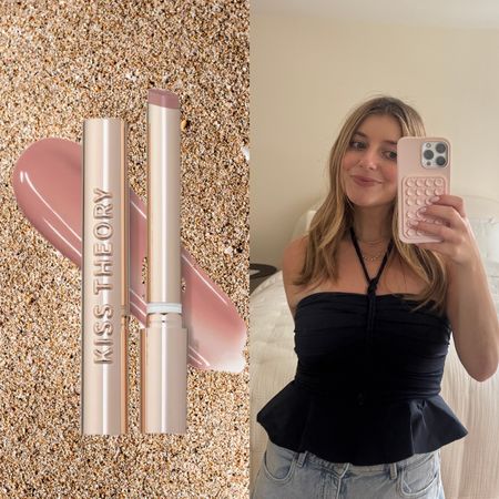 samantha holender on a sandy background next to anastasia beverly hills kiss theory lip balm