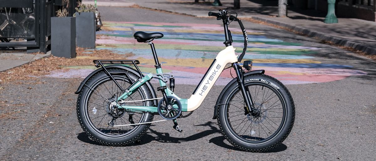 HeyBike Horizon electric bike side view parked on a street 