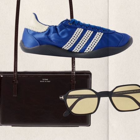 Collage of adidas sneakers, sunglasses, and toteme bag