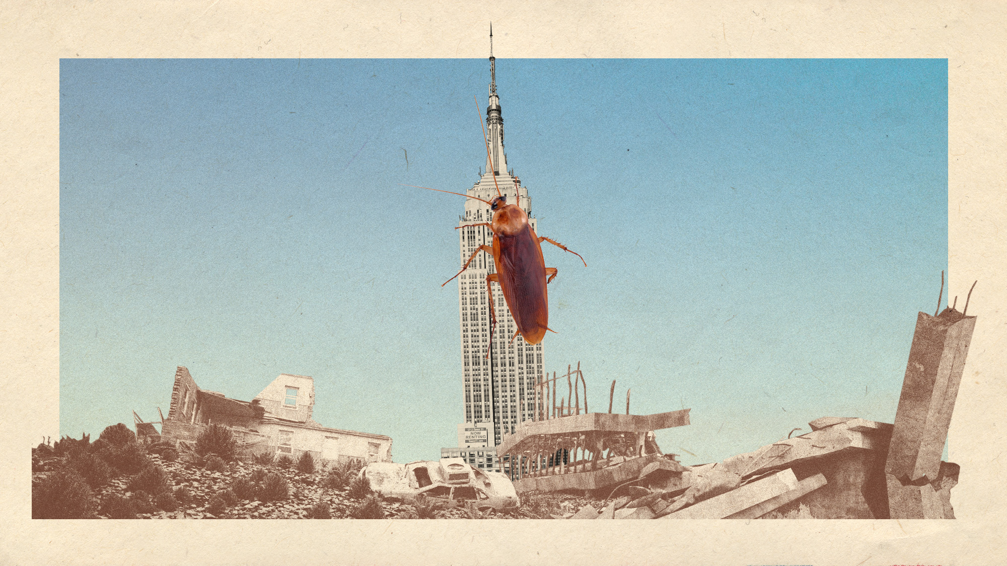 Photo collage of a giant cockroach climbing the Empire State Building with dilapidated, broken down buildings in the foreground
