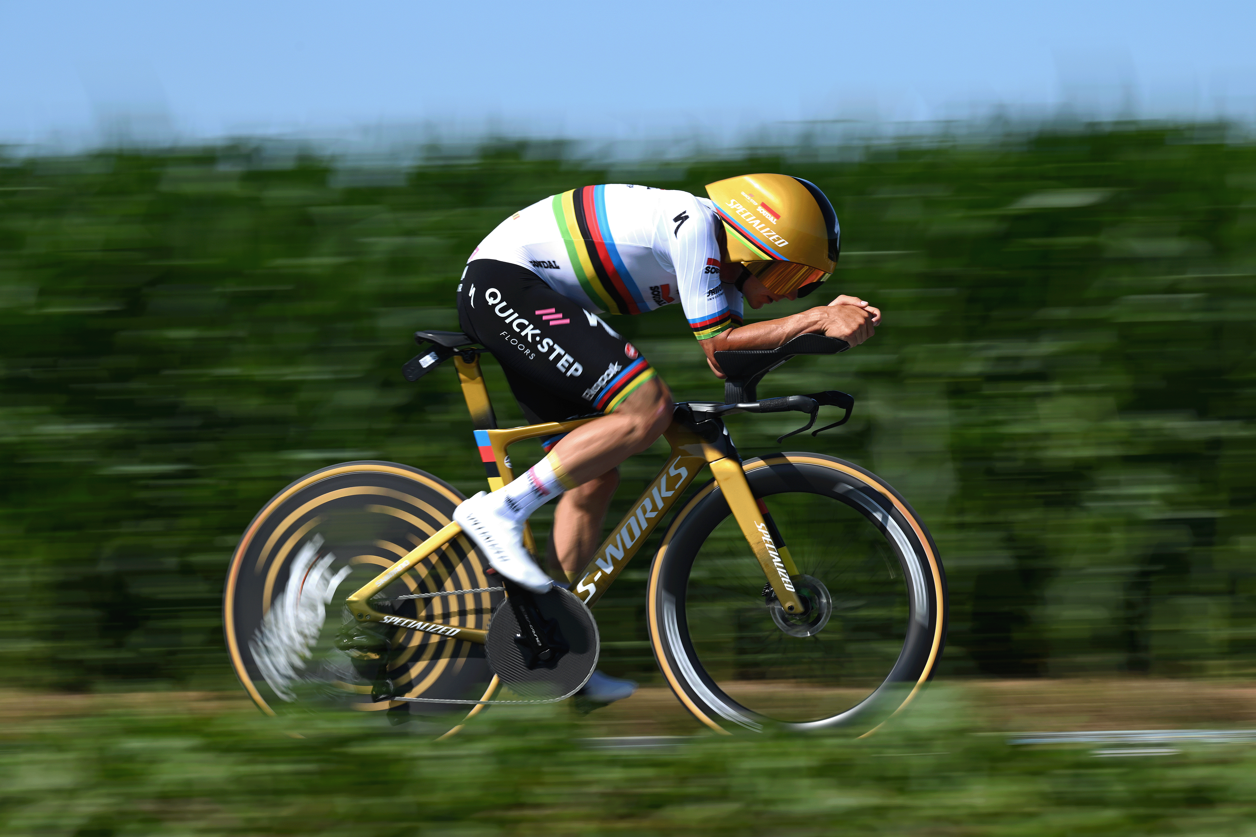CAEN, FRANCE - JULY 09: Remco Evenepoel of Belgium and Team Soudal Quick-Step competes during the 112th Tour de France, Stage 5 a 33km individual time trial stage from Caen to Caen / #UCIWT / on July 09, 2025 in Caen, France. (Photo by Dario Belingheri/Getty Images)