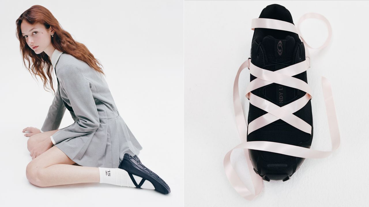 a collage of a Sandy Liang model and a close up of a sandy liang x salomon sneaker