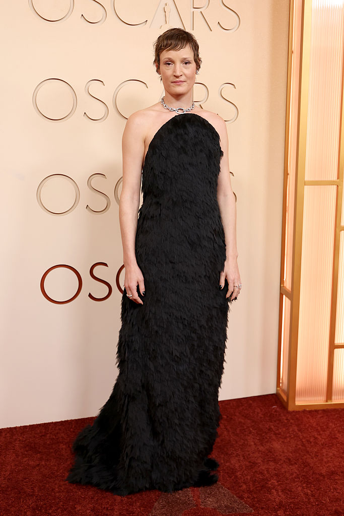 Vicky Krieps wears a Bottega Veneta feather gown to the 2026 Oscars