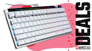 An image of an Asus ROG Falchion Ace 75 HE gaming keyboard, against a colorful background with a 'Deals' phrase and a PC Gamer logo on the right