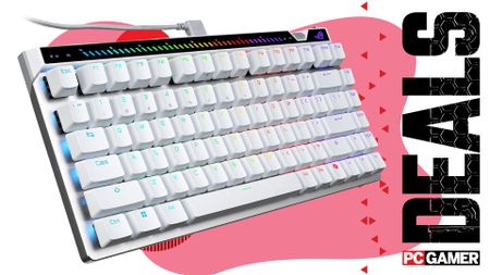 An image of an Asus ROG Falchion Ace 75 HE gaming keyboard, against a colorful background with a 'Deals' phrase and a PC Gamer logo on the right