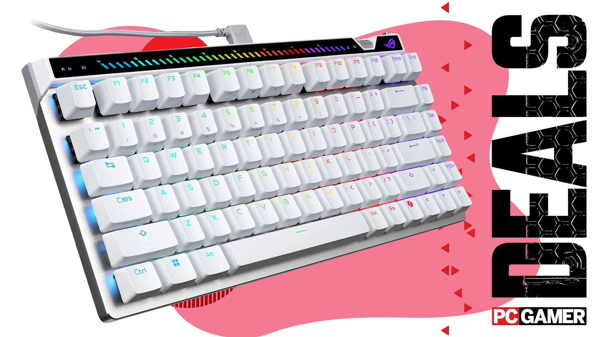 An image of an Asus ROG Falchion Ace 75 HE gaming keyboard, against a colorful background with a 'Deals' phrase and a PC Gamer logo on the right