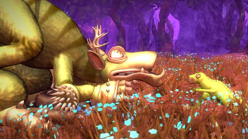 Spore screenshot showing two creatures standing before one anotherin tall orange/teal grass, one big and one small