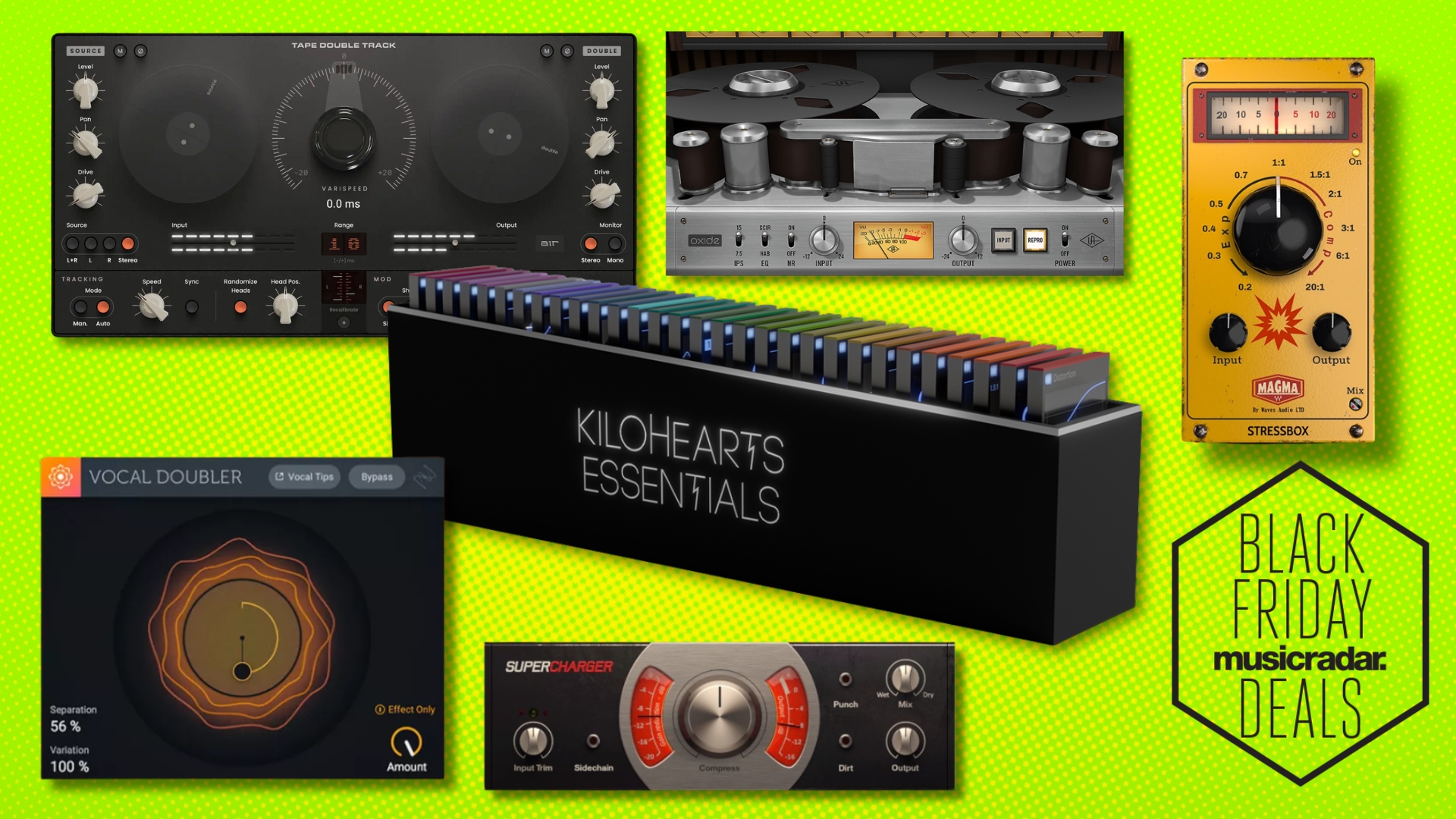 A selection of free plugins on a lime green background