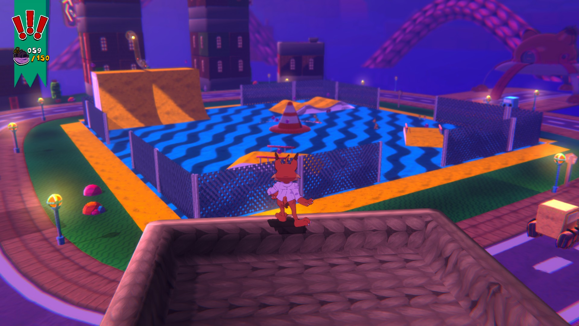 Bubsy stands on a platform looking down upon a large skating area