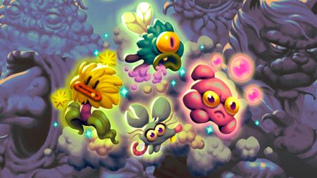 Key art for Morsels showing a selection of critters against a grey background with larger creatures, cropped to focus on the Morsels themselves