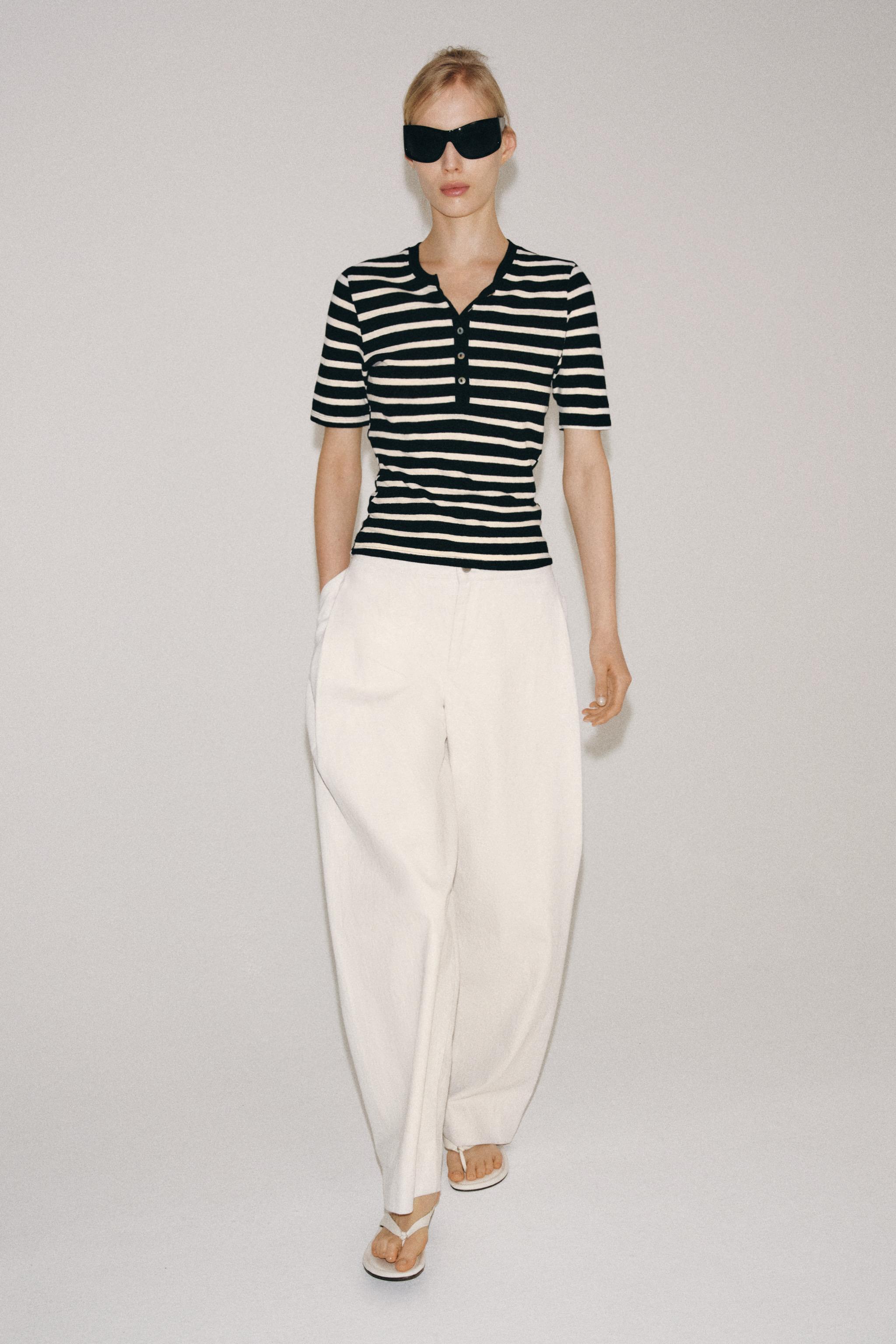 Linen Blend Button-Up T-Shirt - Ecru / Black - S
