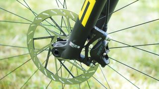 Close up of mountain bike front wheel with disc brake