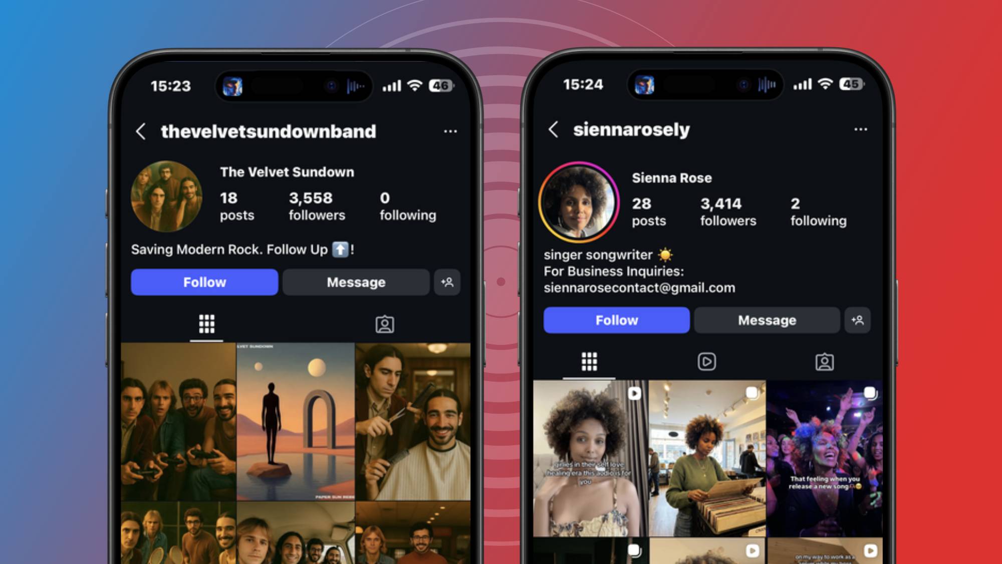 Two smartphones showing the Instagram pages of two AI artists