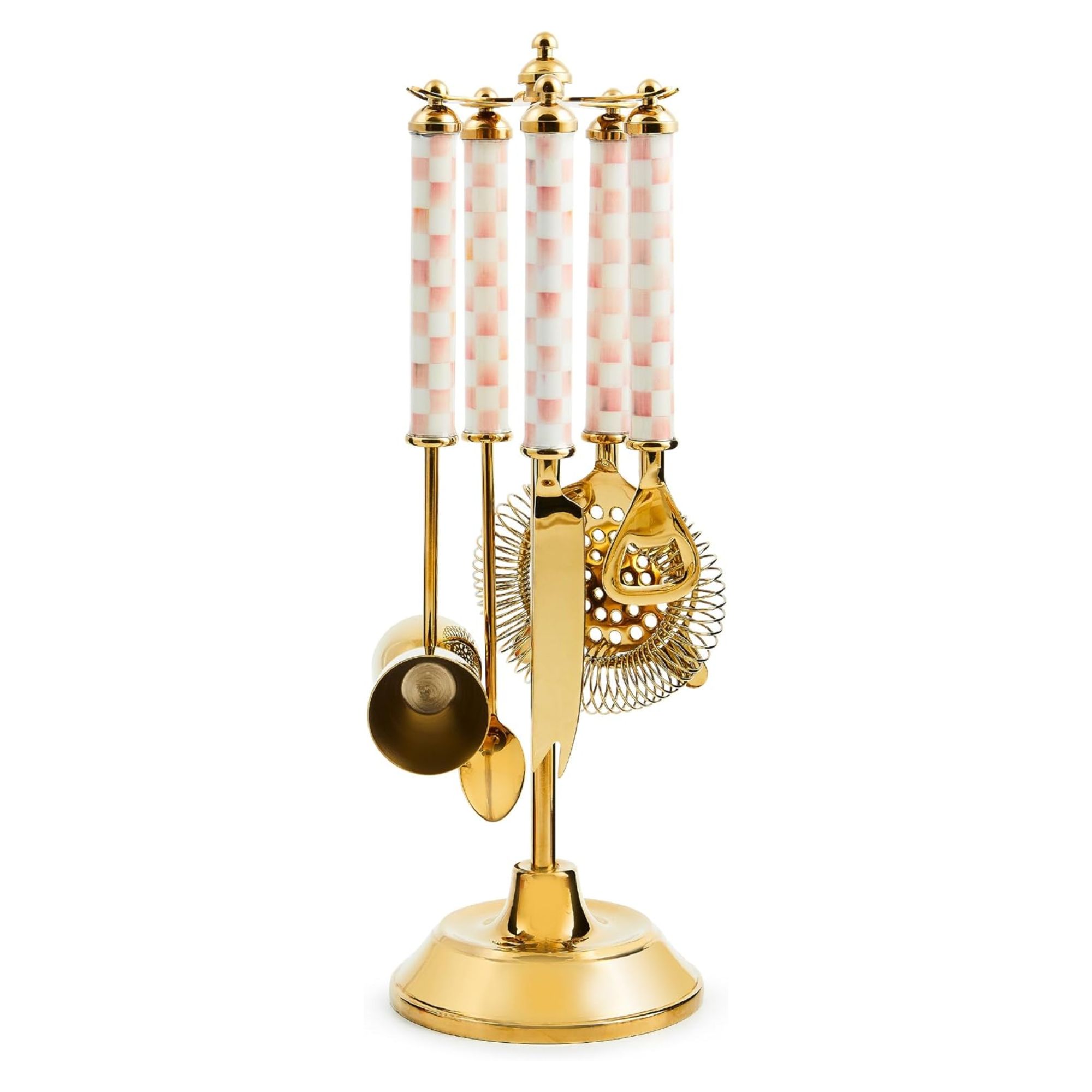 Gold bar tools with pink checkerboard handles