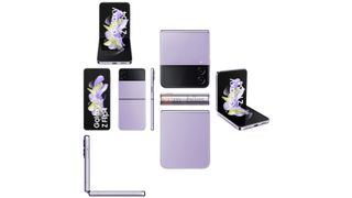 A render showing multiple angles of the Galaxy Z Flip 4 in purple