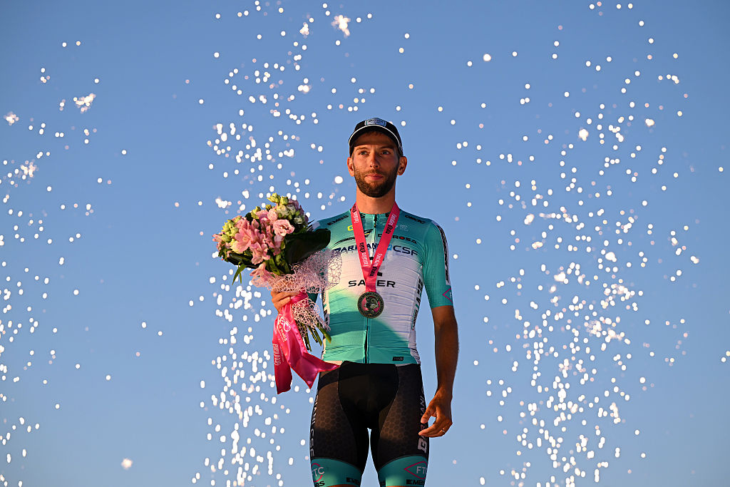 ROME, ITALY - MAY 31: Manuele Tarozzi of Italy and Team Bardiani CSF 7 Saber celebrates at podium as part of the final Intermediate Sprints Classification prize winners during the 109th Giro d&amp;amp;apos;Italia 2026, Stage 21 a 131km stage from Rome to Rome 1289m / #UCIWT / on May 31, 2026 in Rome, Italy. (Photo by Dario Belingheri/Getty Images)