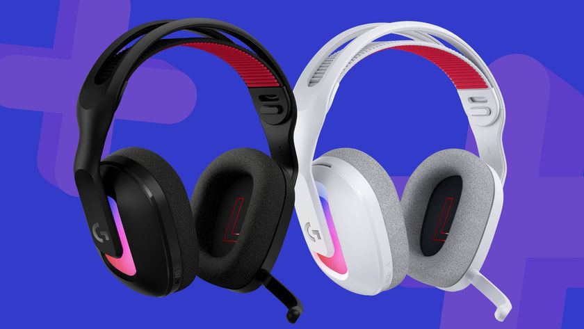 Official product image of the Midnight Black and Off White Logitech A20 X headsets together, with a blue GamesRadar+ background behind them.