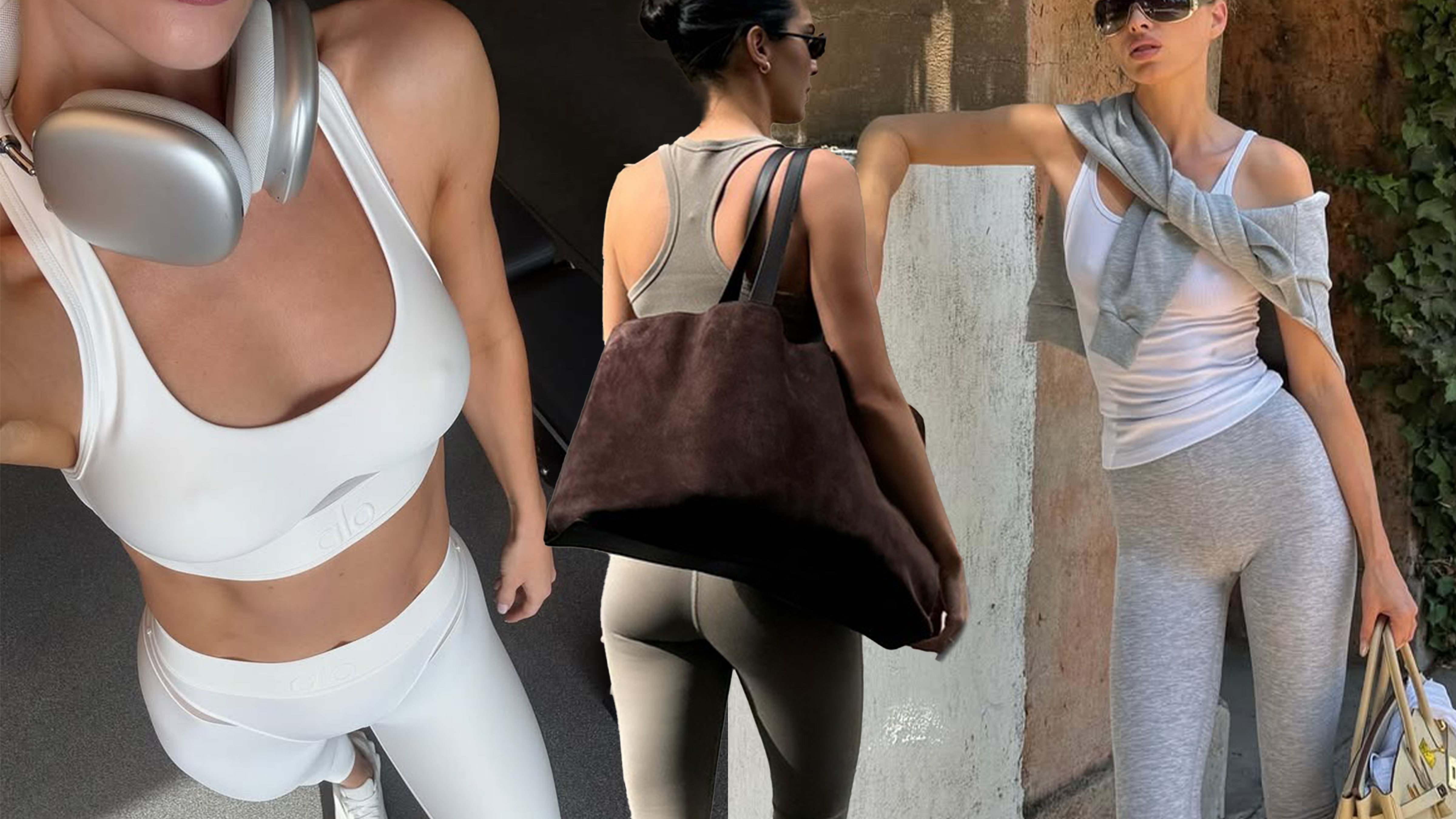 Model Rosie HW wears a white Alo Yoga workout set in a gym. Kendall Jenner wears an Alo Yoga flared legging set with a large brown suede tote. Elsa Hosk wears a pair of grey capri leggings and a white tee from Alo Yoga.