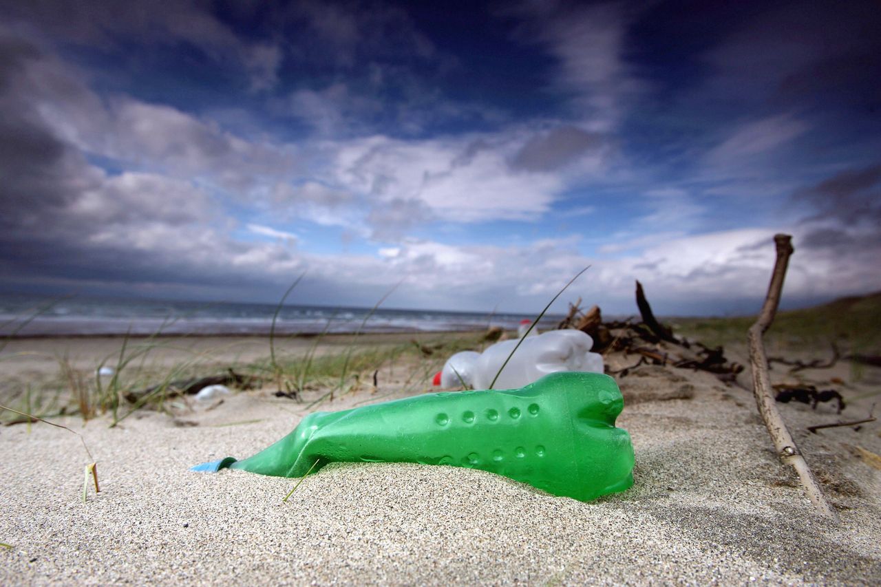 Plastic bottles on a beach in the UK.