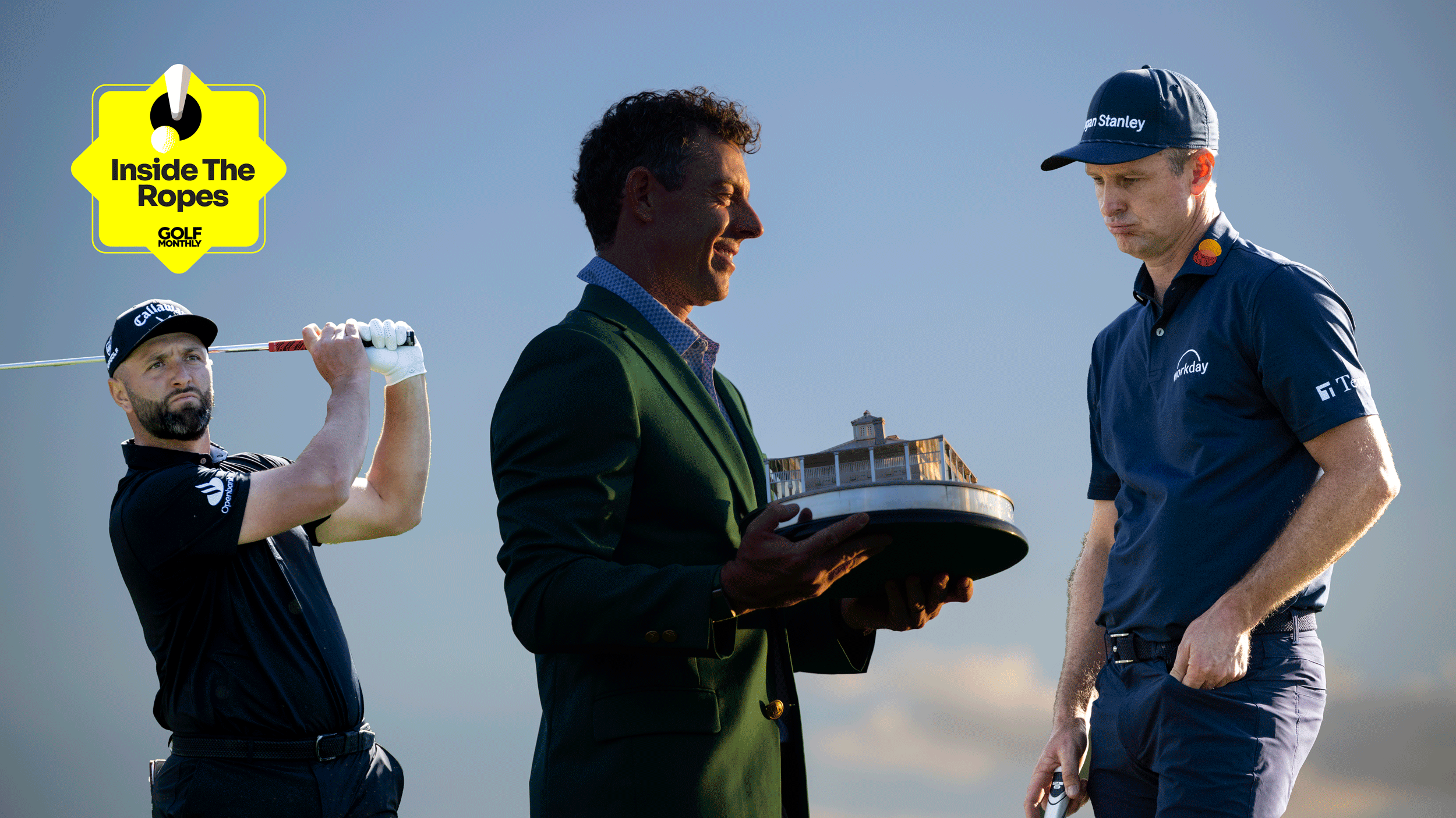 (L to R) Jon Rahm hits a shot, Rory McIlroy poses with The Masters trophy and Justin Rose looks down with the Inside The Ropes sticker in the top left
