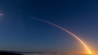 A SpaceX Falcon 9 rocket launches the NROL-145 mission from Vandenberg Space Force Base on April 20, 2025.