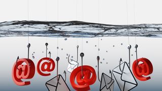 Some @ symbols and email envelope icons submerged in water being caught by fishing hooks