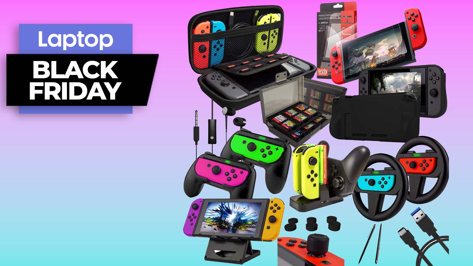 Orzly Nintendo Switch accessory pack arranged on a gradient background with a Black Friday banner in the upper left corner
