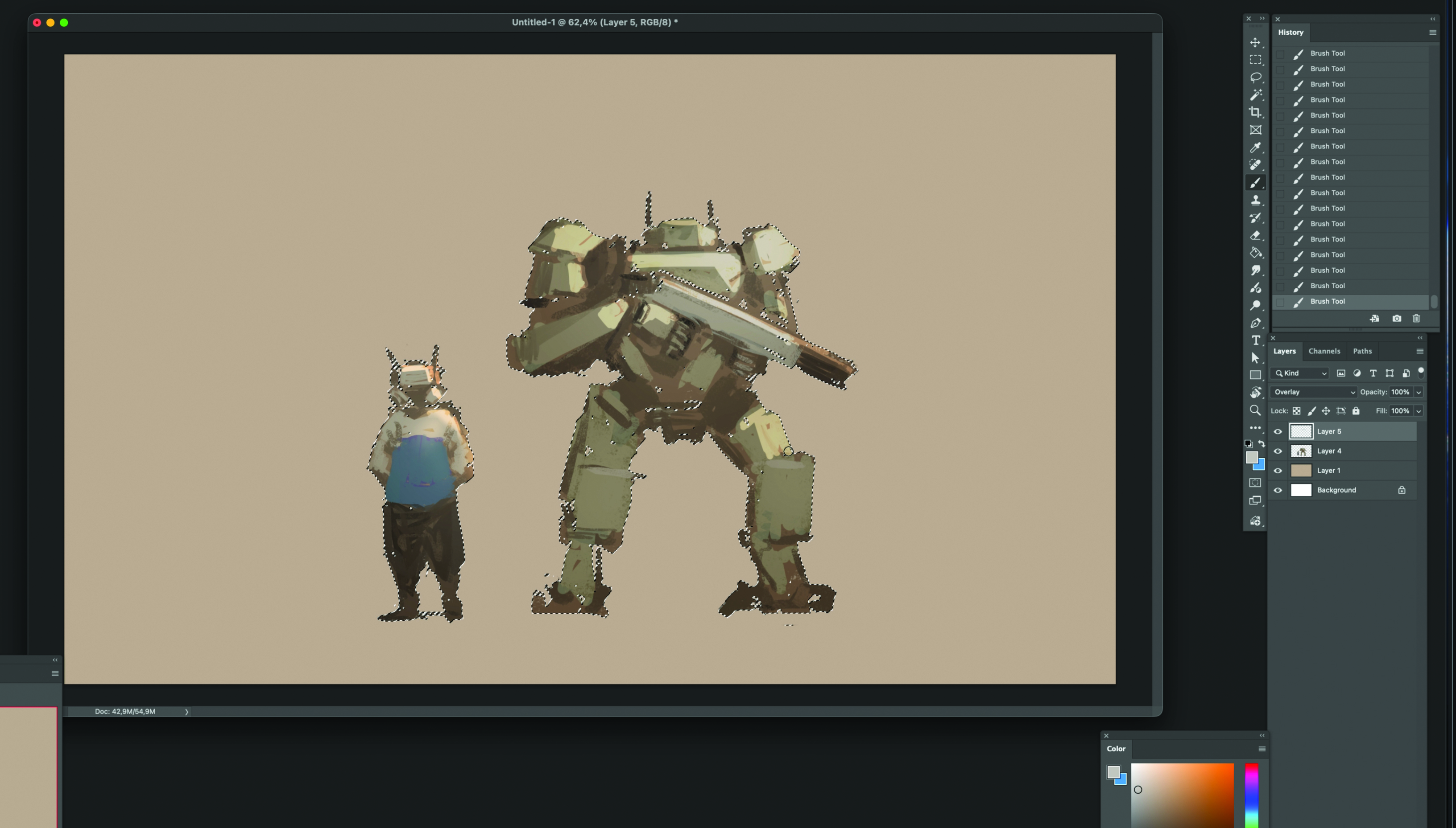 Part of the process of creating concept art with a robot character