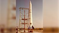 The private Conestoga 1 rocket sits atop its launchpad at Matagorda Island, Texas ahead of its historic Sept. 9, 1982 launch. It was the first privately developed rocket to fly. 