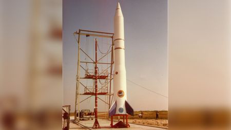 The private Conestoga 1 rocket sits atop its launchpad at Matagorda Island, Texas ahead of its historic Sept. 9, 1982 launch. It was the first privately developed rocket to fly. 