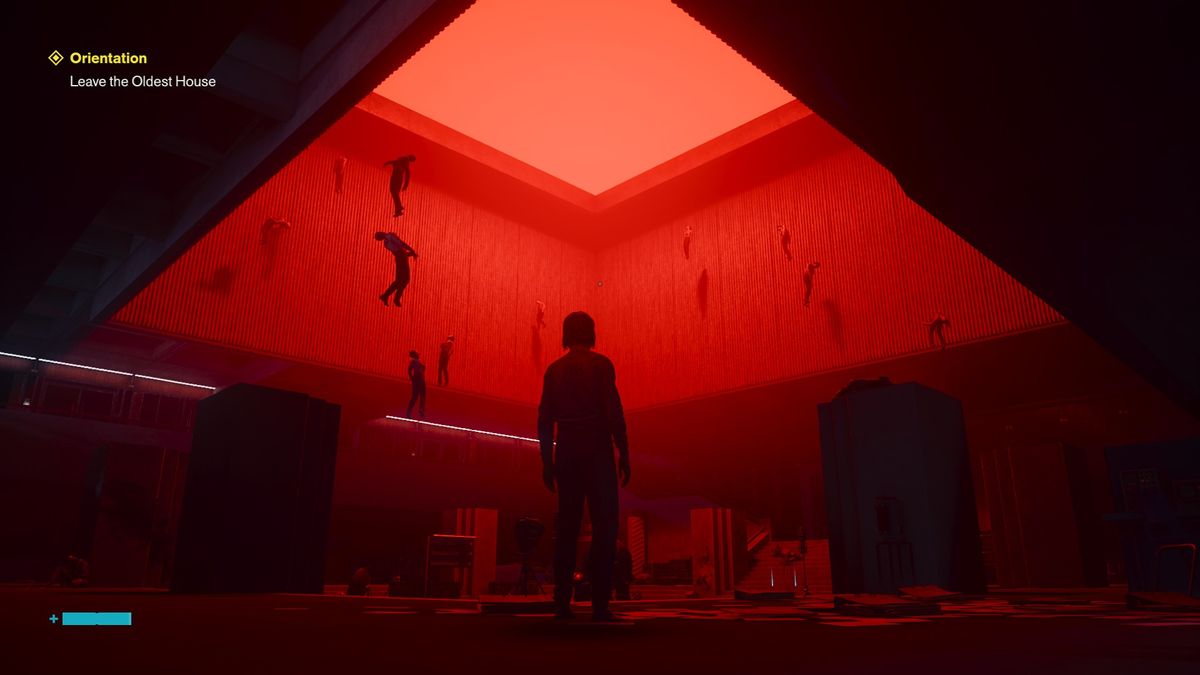 Dylan stands beneath a red-hued skylight surrounded by floating bodies in Control Resonant.