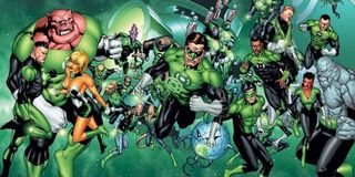 Various members of the comic book Green Lantern Corps assembled