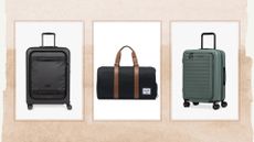 A collage with a light brown background and a black suitcase on the far left, a black and brown duffle bag in the middle, and a green Samsonite cabin suitcase on the far right.