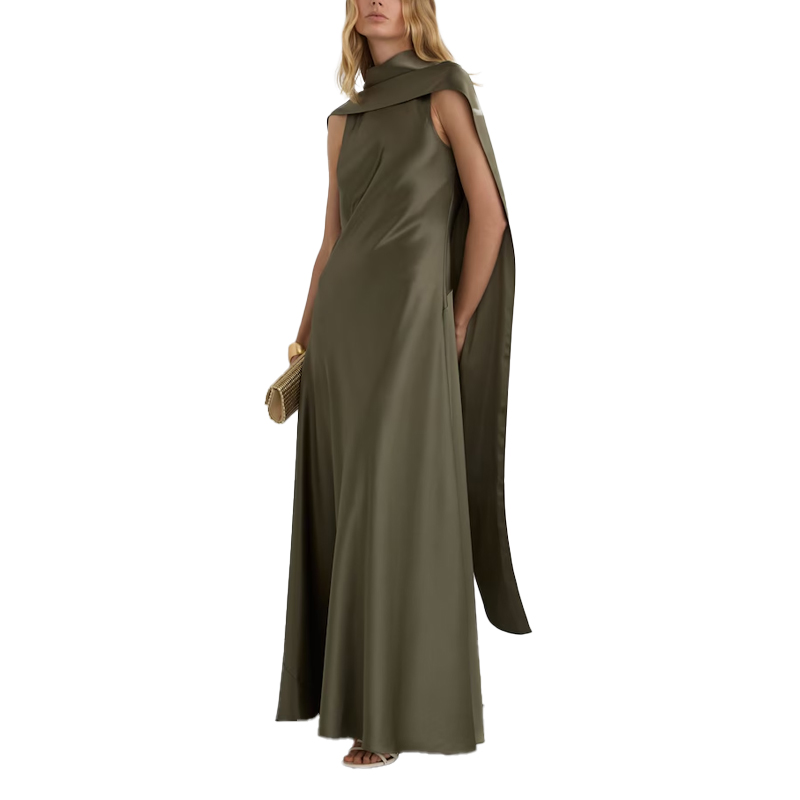 model wearing a Reiss khaki cape dress