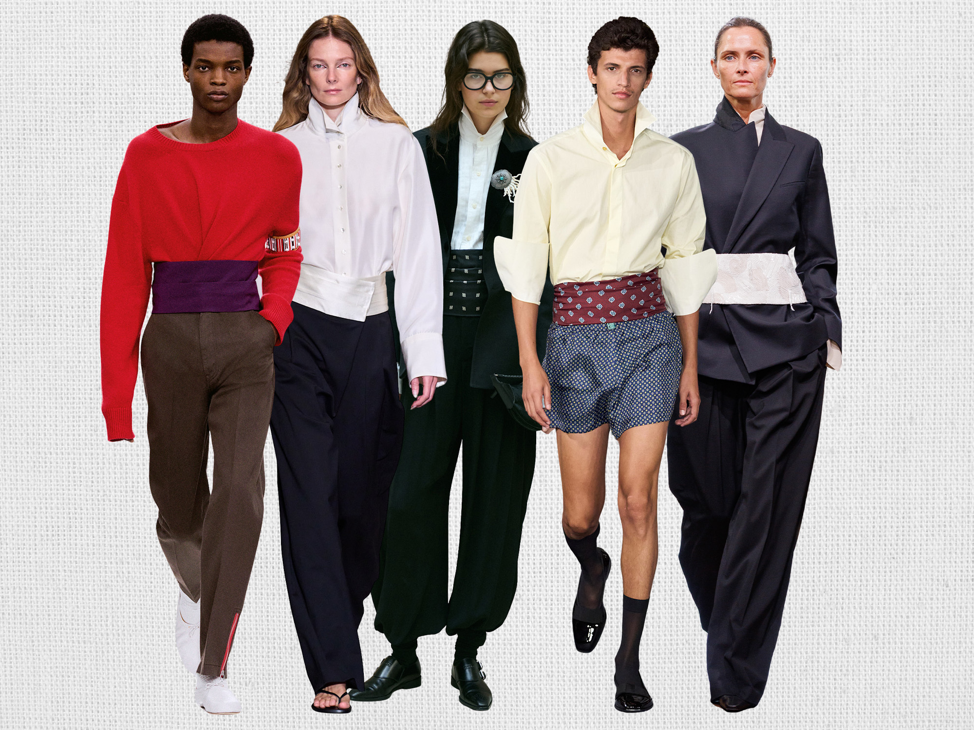 A collage of runway models wearing the cummerbund trend for fall 2026.