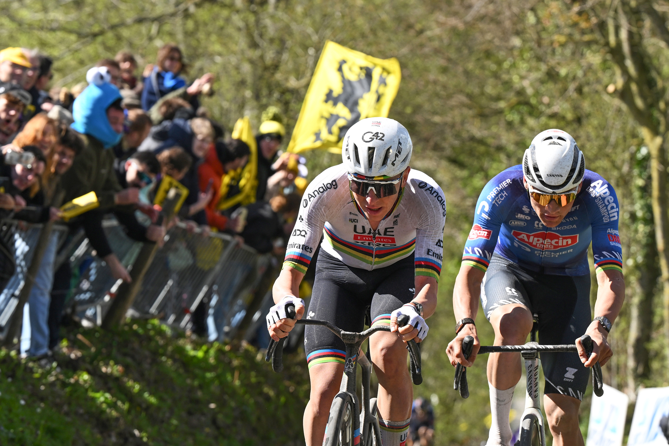 OUDENAARDE, BELGIUM - APRIL 05: (L-R) Tadej Pogacar of Slovenia and UAE Team Emirates - XRG and Mathieu van der Poel of Netherlands and Team Alpecin-Premier Tech compete in the breakaway passing through the Koppenberg cobblestones sector while fans cheer during the 110th Tour of Flanders - Ronde van Vlaanderen 2026 - Men's Elite a 278.6km one day race from Antwerp to Oudenaarde / #UCIWT / on April 05, 2026 in Oudenaarde, Belgium. (Photo by Dario Belingheri/Getty Images)