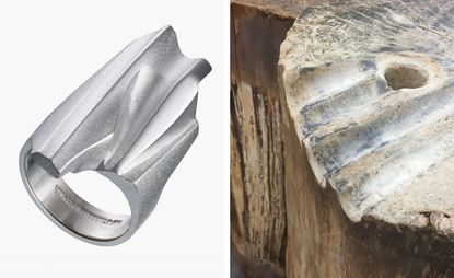 Left, ‘Shuttle’ ring, designed by Björn Weckström. Right, master craftsmen in the Helsinki workshops use traditional techniques, including hand-hammering silver directly onto tree trunks to shape it